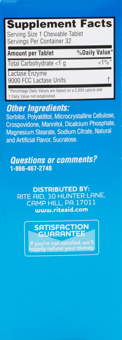 Side panel of Rite Aid dairy relief pills detailing natural lactase enzyme ingredients