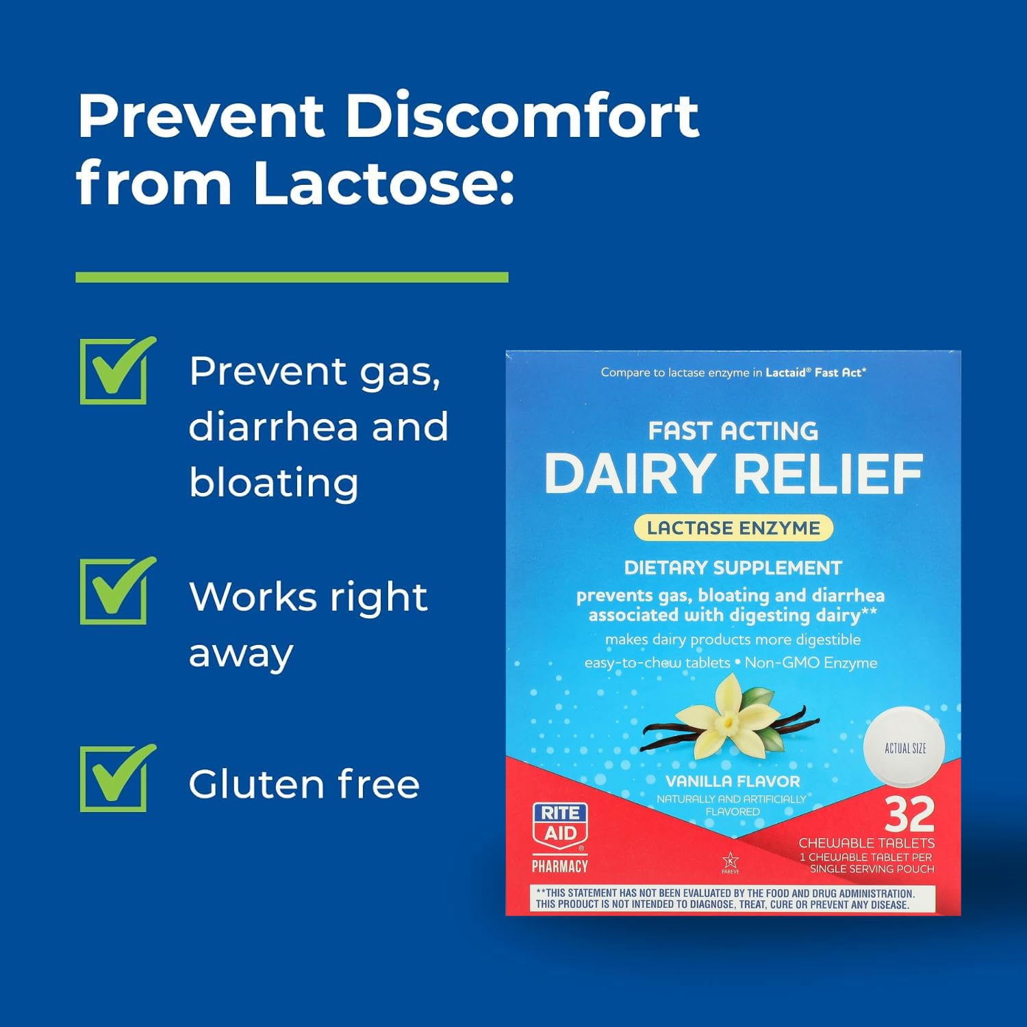 Back view of vanilla flavored dairy digestive tablets with usage directions for adults and kids