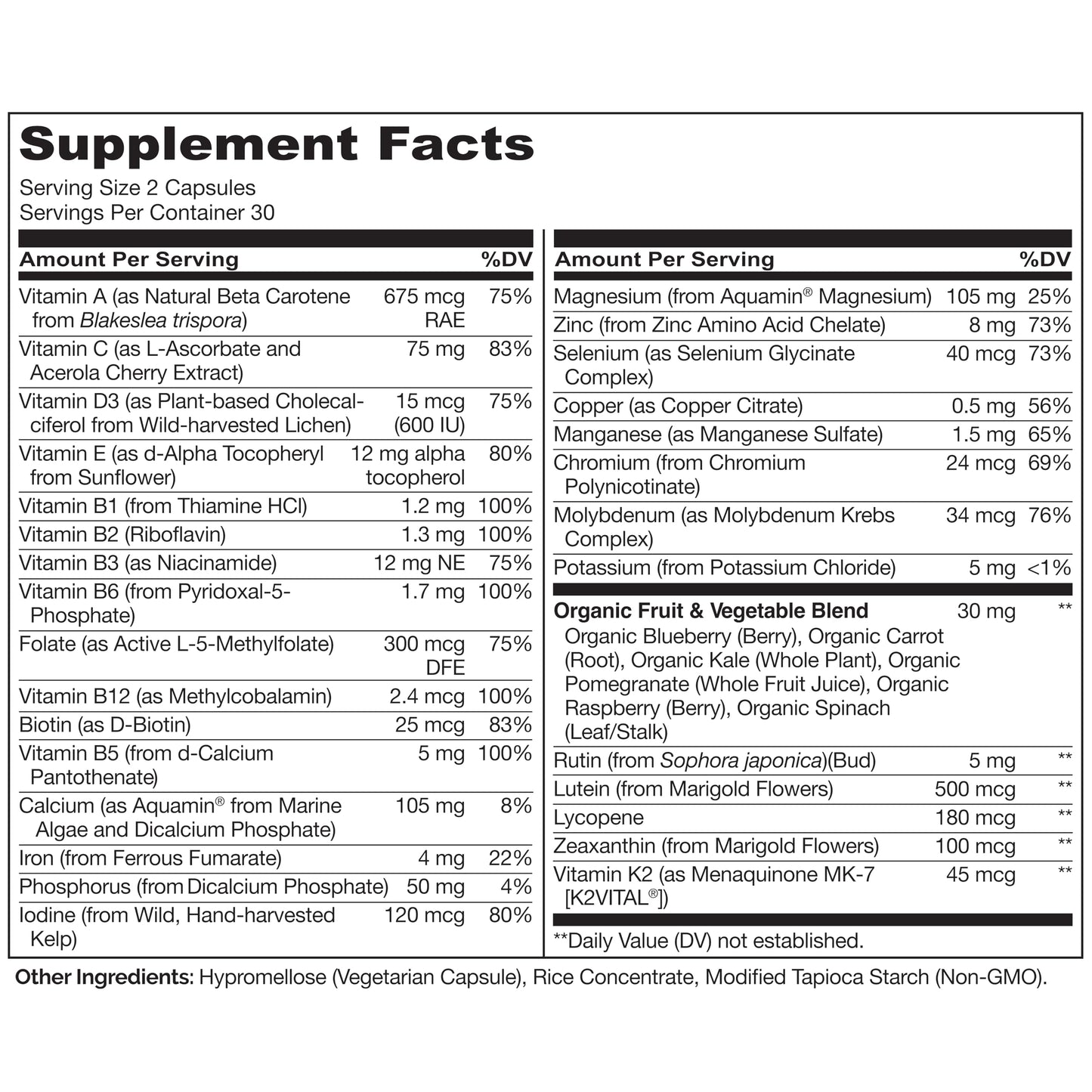 Naturelo vegan non GMO teen daily multivitamin 60 capsules product layout