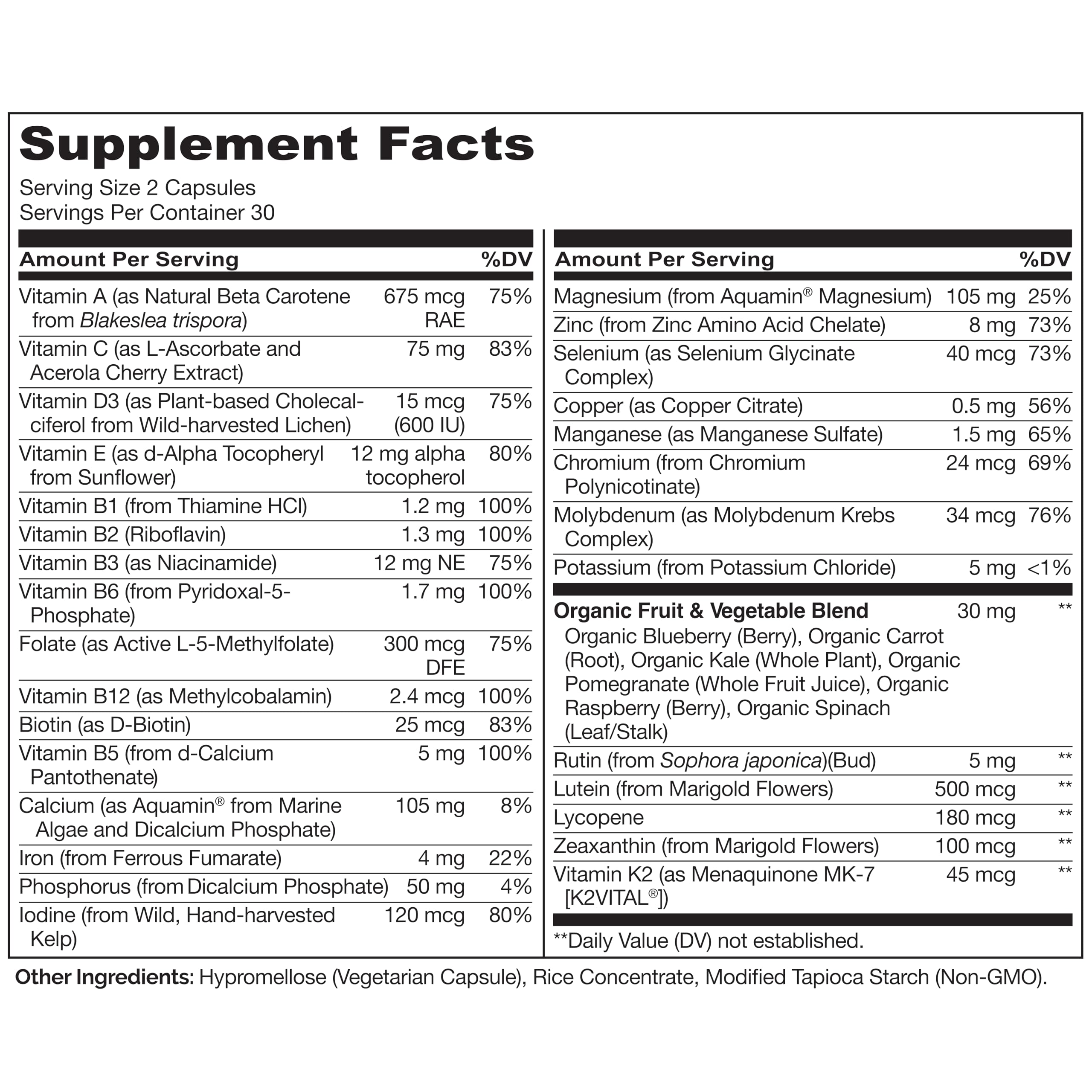 Naturelo vegan non GMO teen daily multivitamin 60 capsules product layout