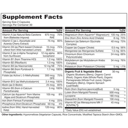 Naturelo vegan non GMO teen daily multivitamin 60 capsules product layout