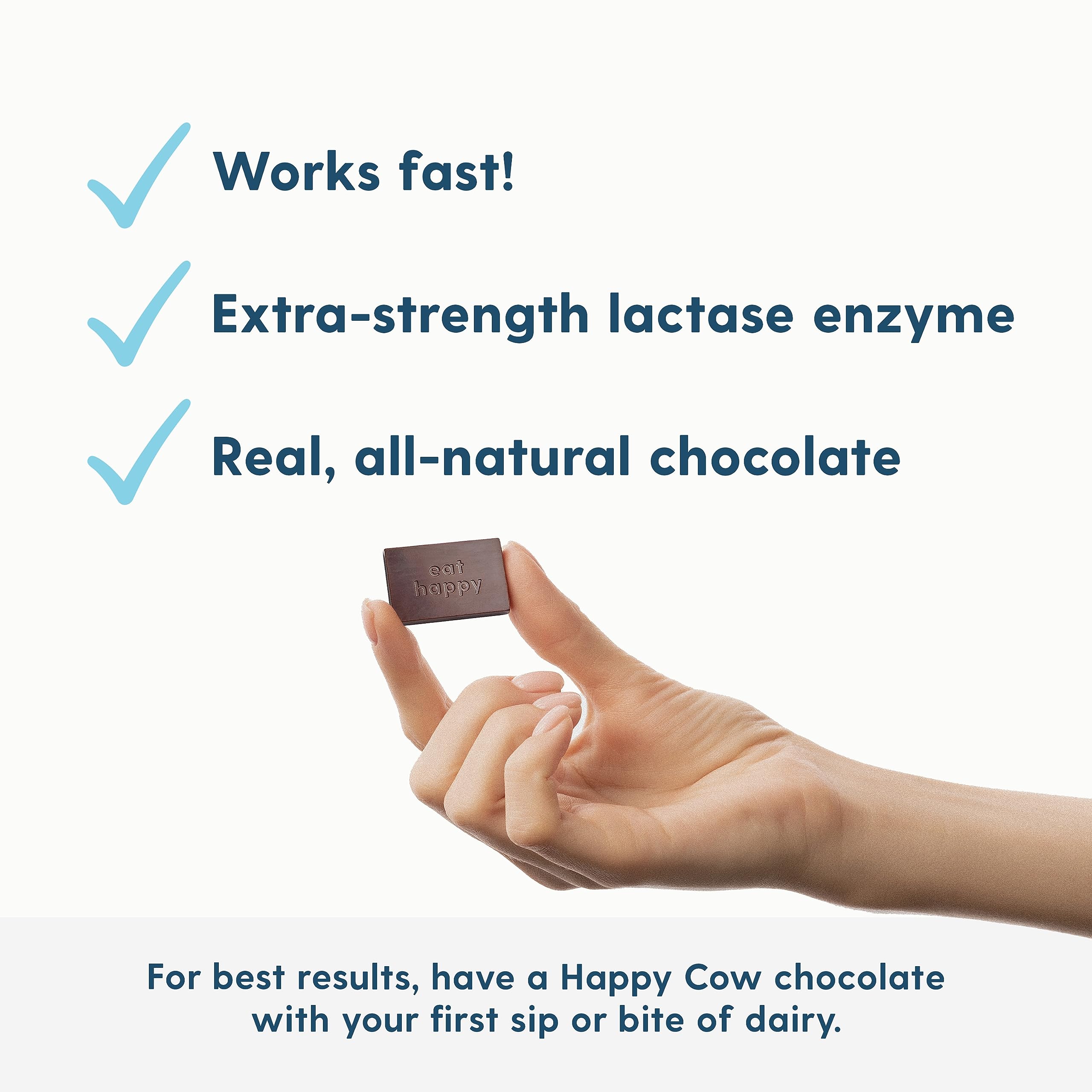 Happy Cow fast acting dark chocolate lactase supplement side view displaying premium USA imported product label