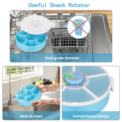 BPA free snack dispenser with rotating tray