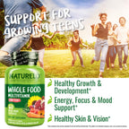 Naturelo whole food supplement bottle next to fresh organic vegetables