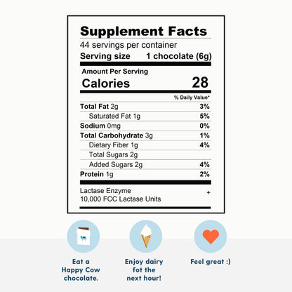 Happy Cow individually wrapped lactose intolerance relief chocolate bites ideal for travel and on the go use