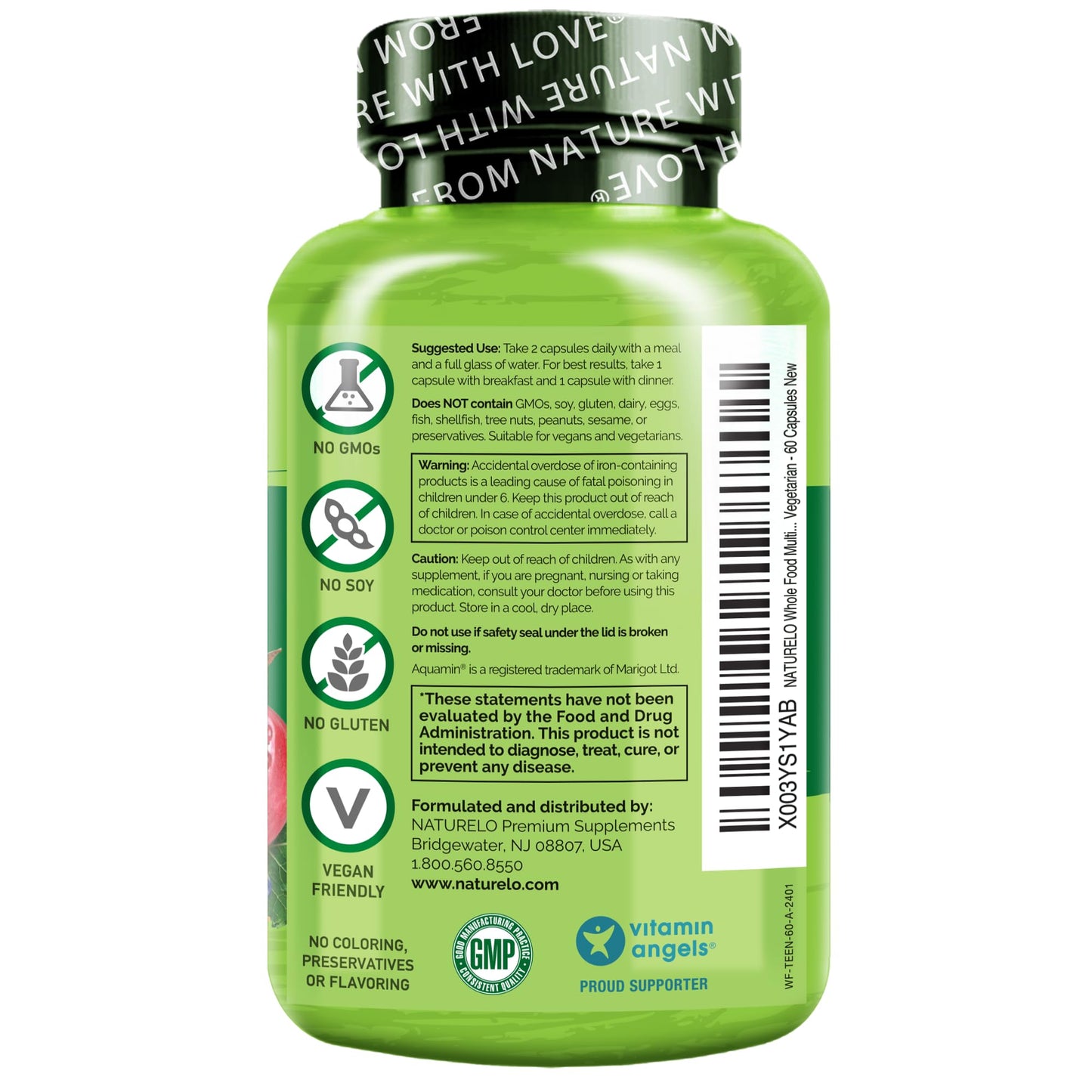 Naturelo organic fruit and vegetable blend teen vitamin bottle side view