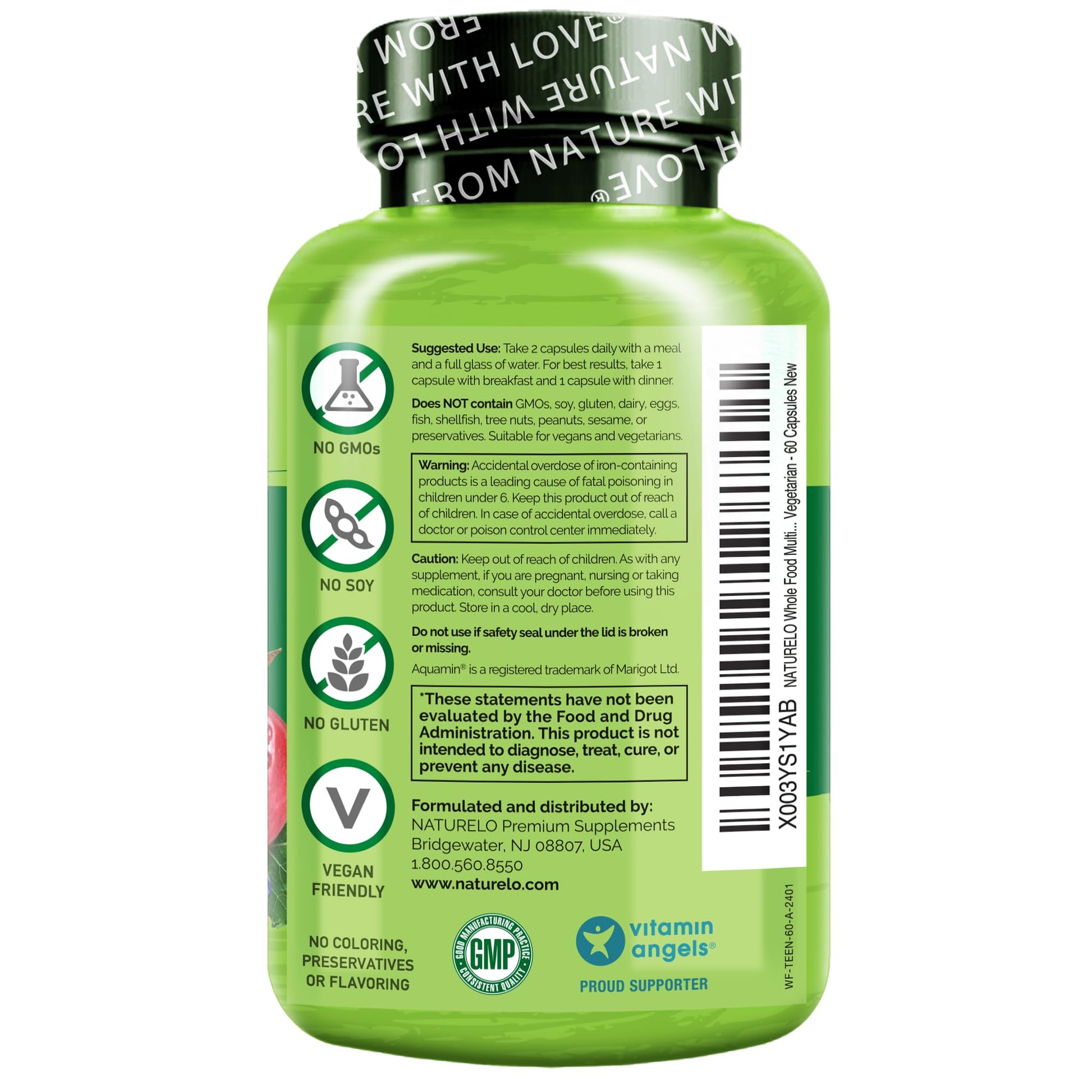 Naturelo organic fruit and vegetable blend teen vitamin bottle side view