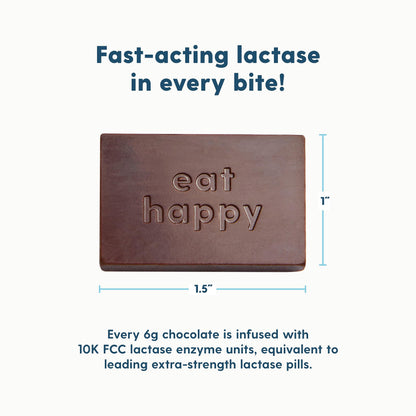 Happy Cow non GMO and gluten free dark chocolate lactase enzyme supplement close up view