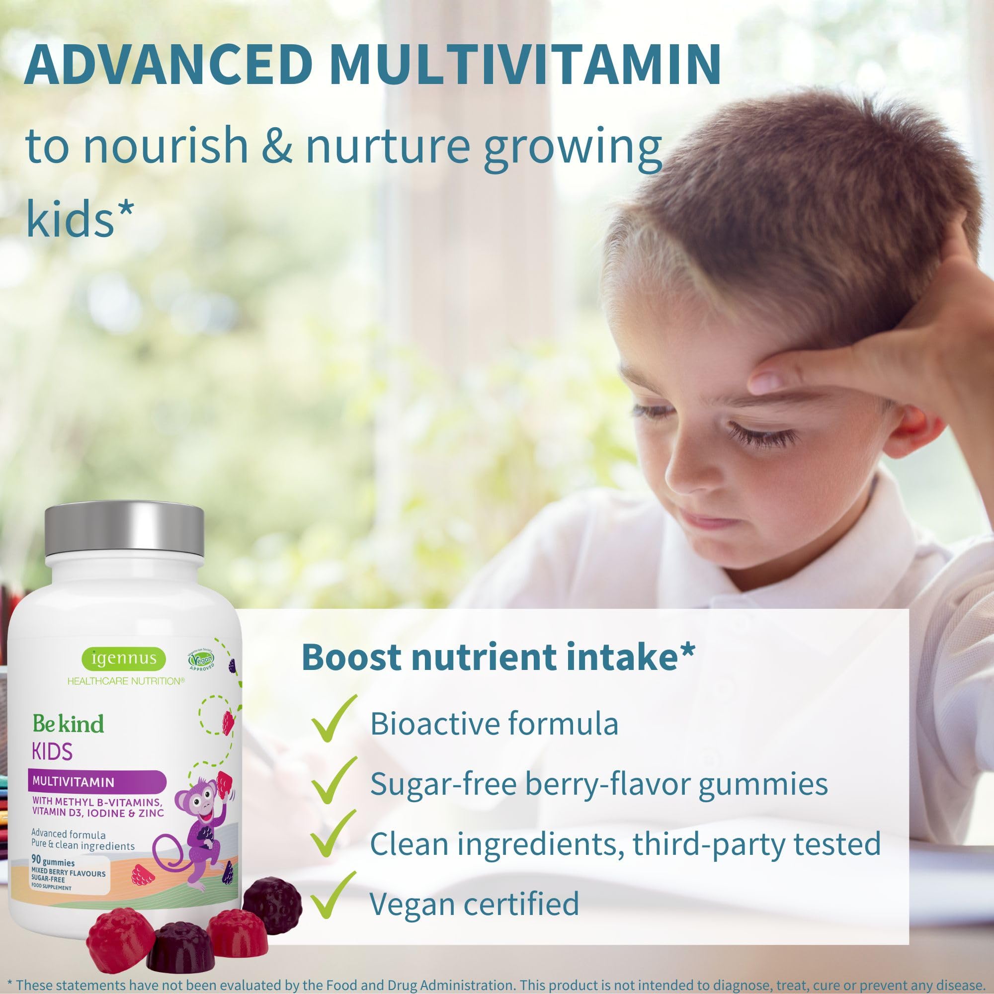 Igennus sugar free kids vitamins nutrition label showing methylated folate and zinc content.