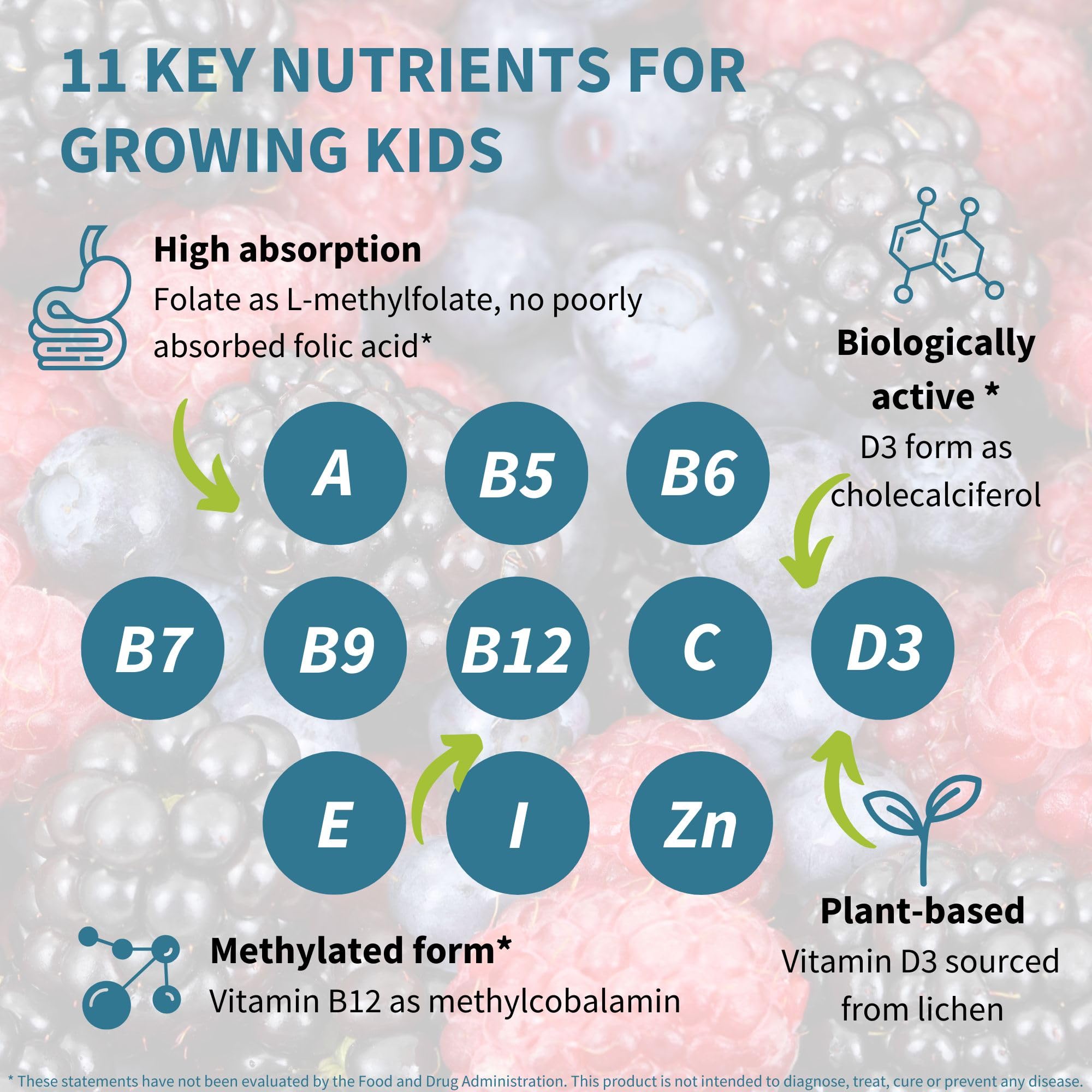 Clean label non GMO vegan multivitamin gummies for kids immune support close up.