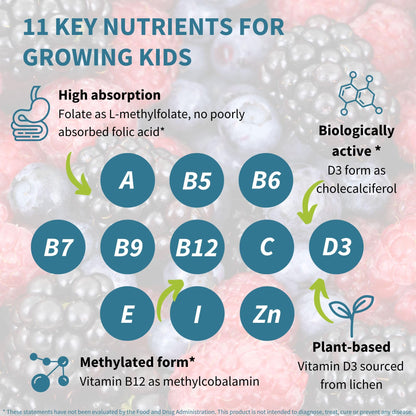 Clean label non GMO vegan multivitamin gummies for kids immune support close up.