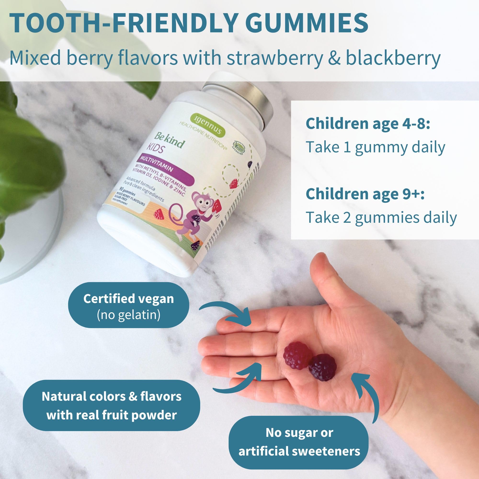 Tooth friendly mixed berry flavor children health chewables in a translucent bottle.