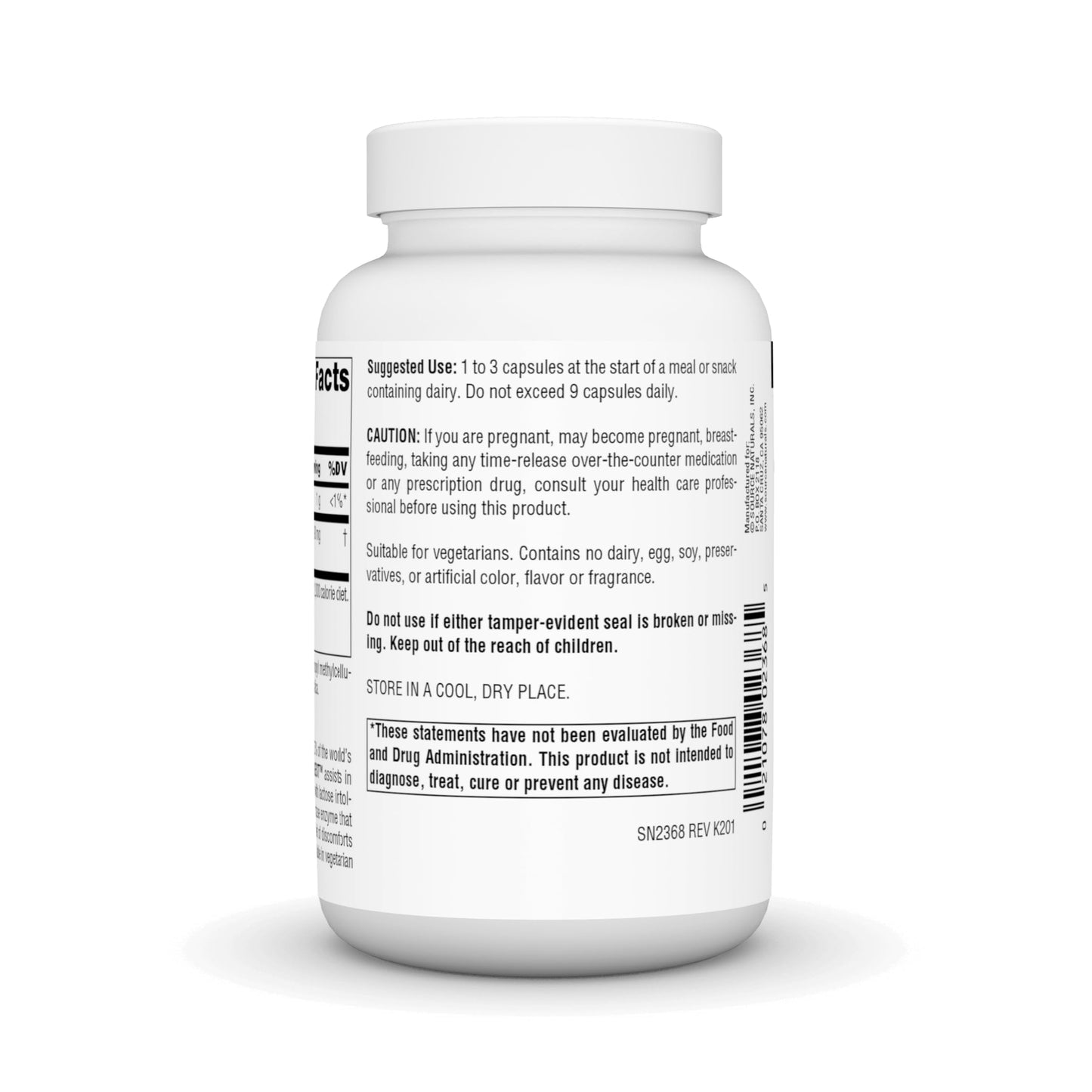 Side view of Source Naturals lactase enzyme bottle detailing the 180 vegetarian capsules count.