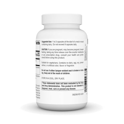 Side view of Source Naturals lactase enzyme bottle detailing the 180 vegetarian capsules count.