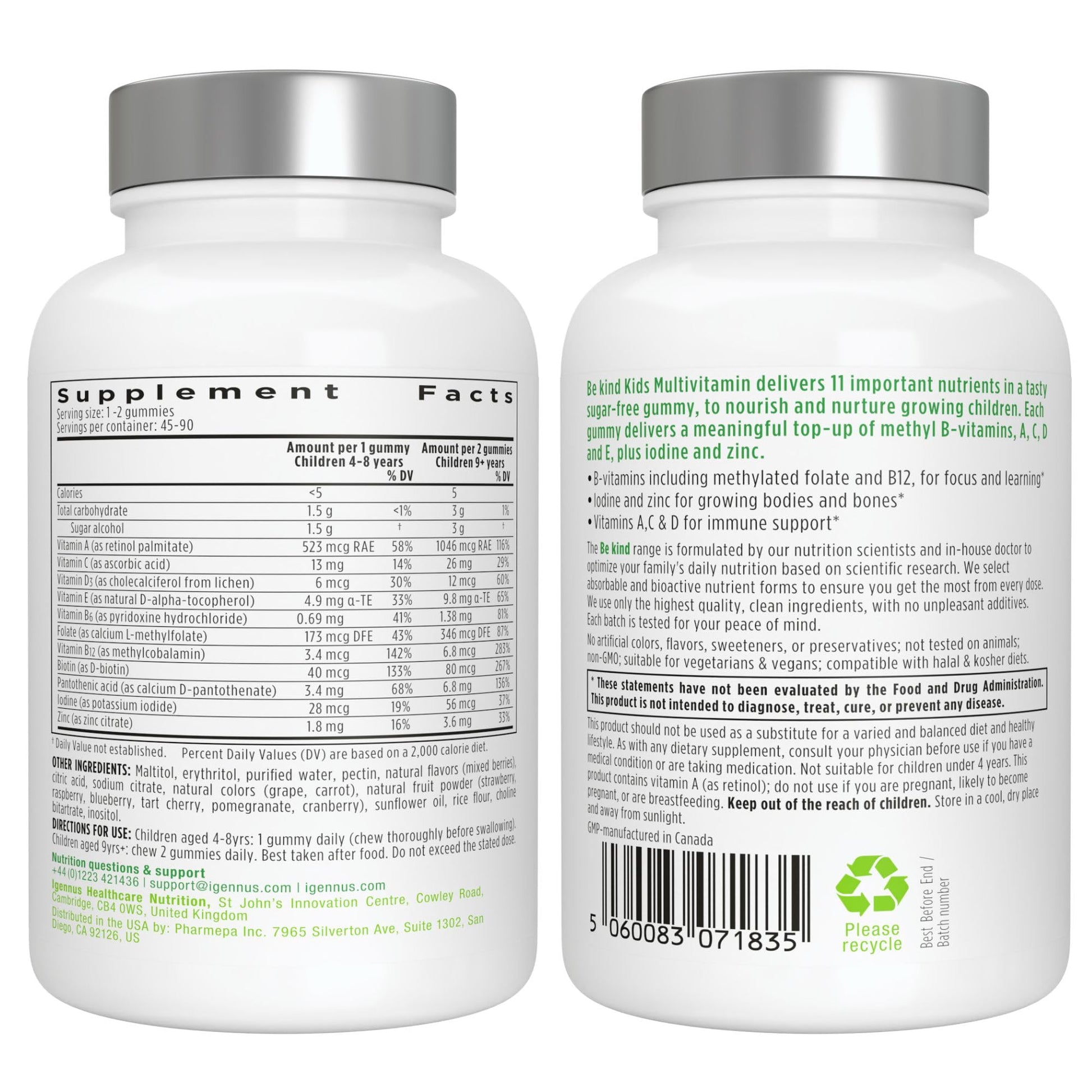 Vegan certified sugar free kids dietary supplement bottle side view display.