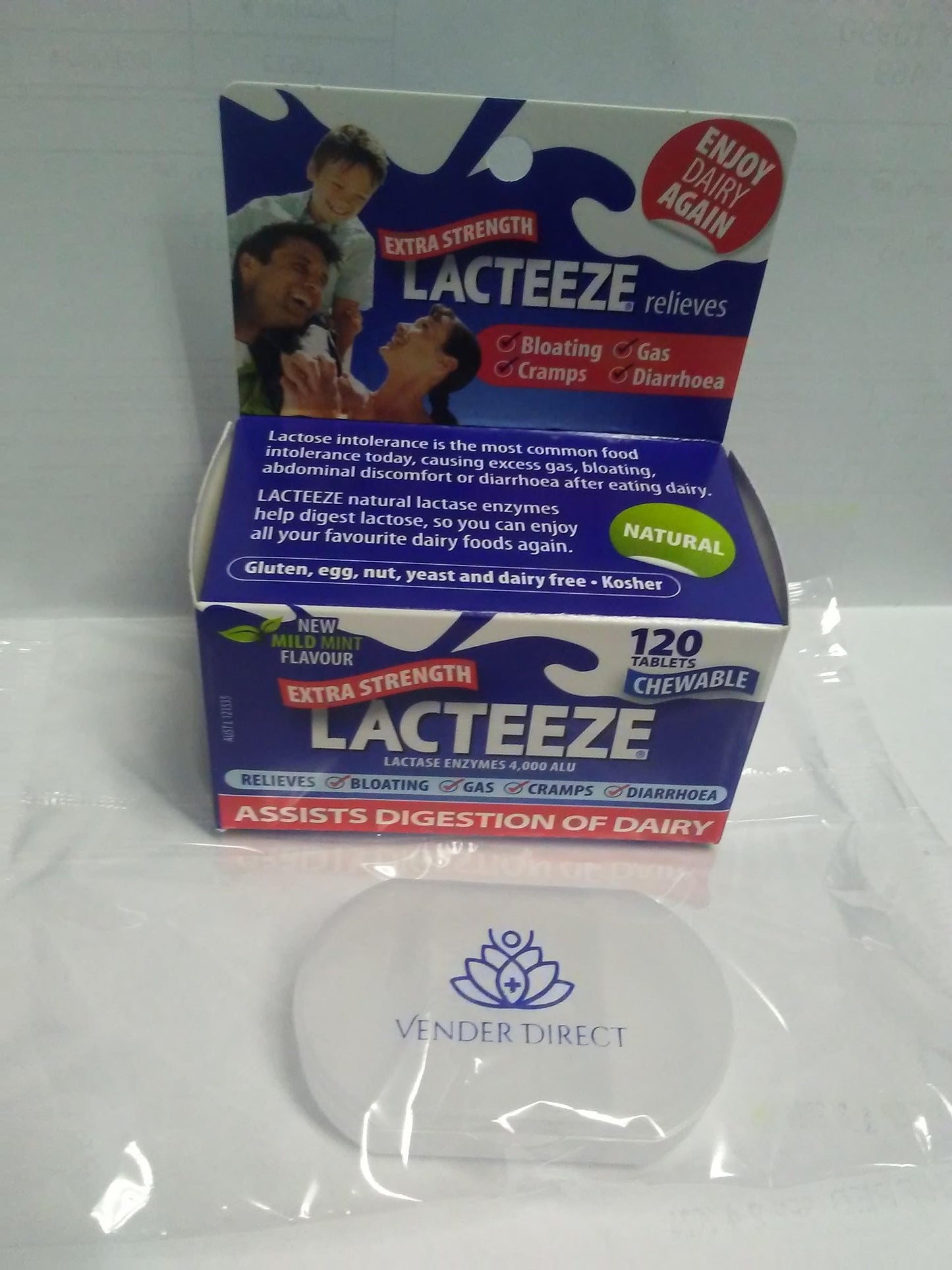 Side view of Lacteeze Extra Strength 120 chewable mint tablets showing supplement facts and clean formula ingredients.