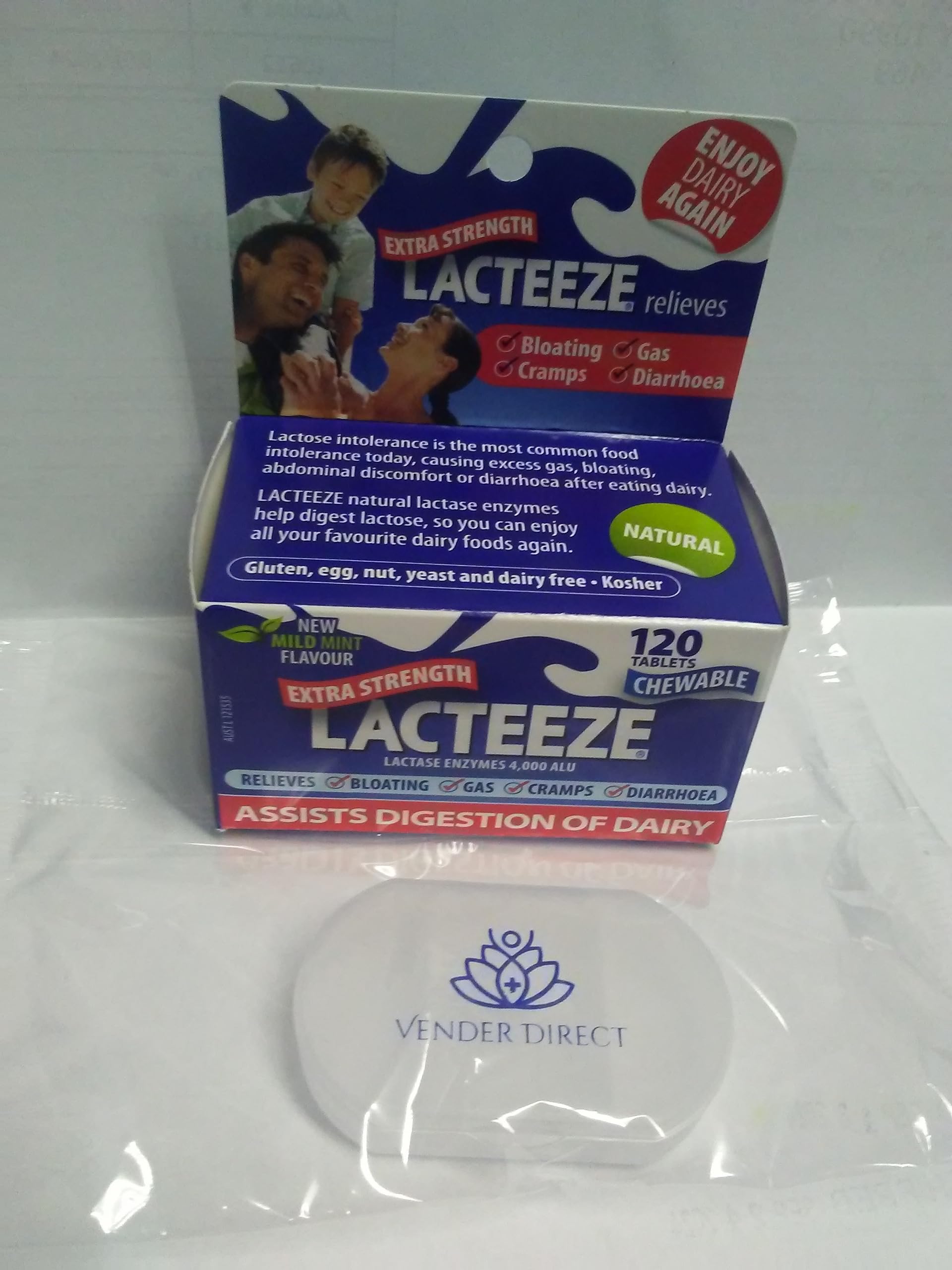 Side view of Lacteeze Extra Strength 120 chewable mint tablets showing supplement facts and clean formula ingredients.
