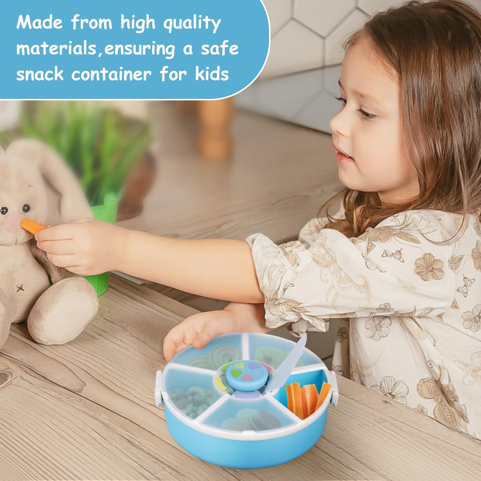 Joopetalk rotating snack container in use with assorted snacks