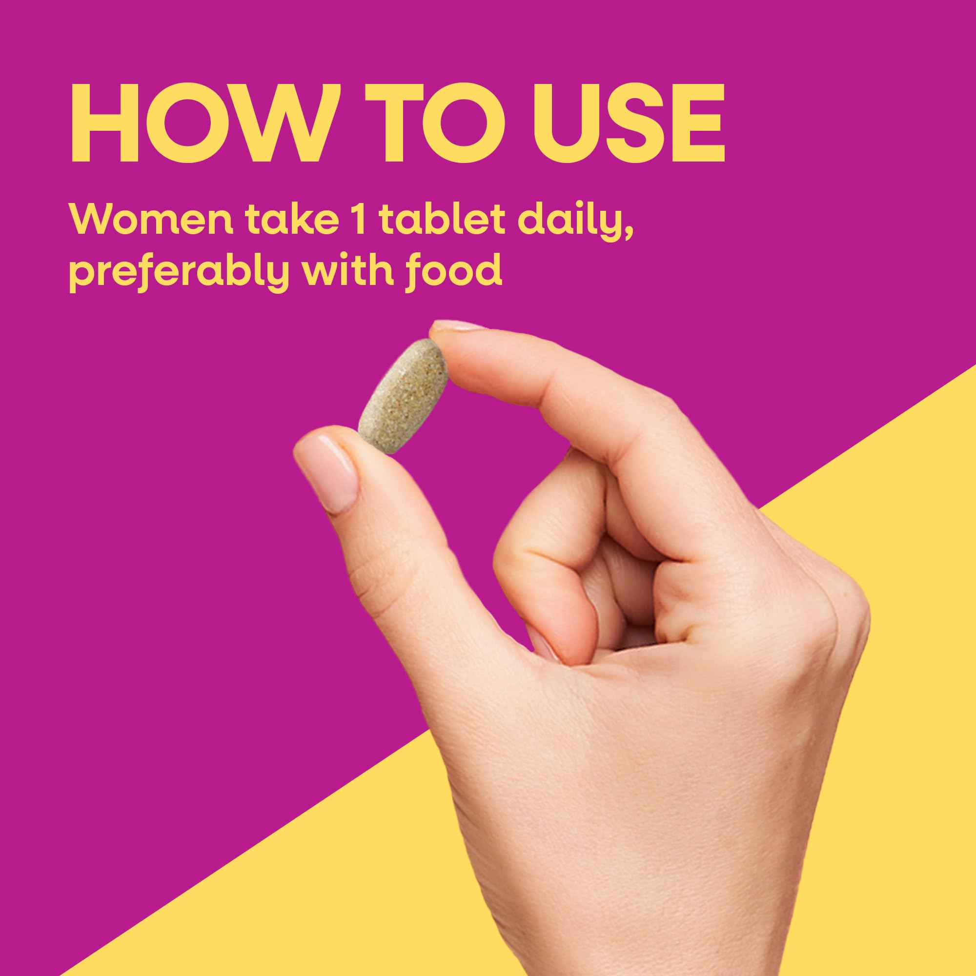 Close up of product directions and warnings on Nature's Way Women's 50 multivitamin packaging