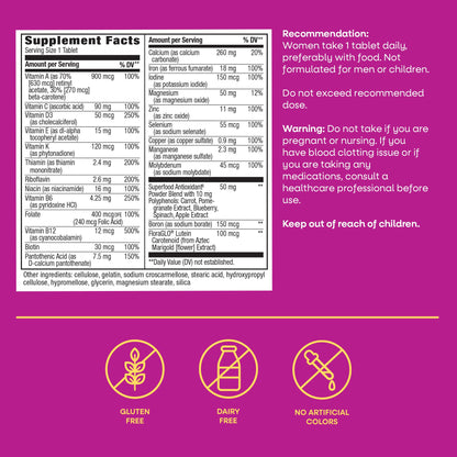 Side view of Nature's Way Alive Women's 50 supplement highlighting Orchard Fruits ingredient blend