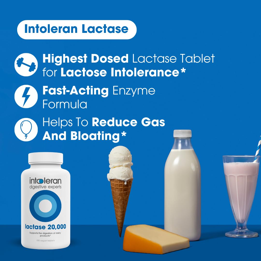 Close up of Intoleran pure vegan lactase enzyme 20000 FCC units breakdown tablets