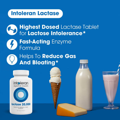 Close up of Intoleran pure vegan lactase enzyme 20000 FCC units breakdown tablets