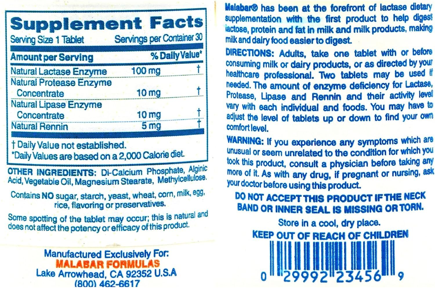 Supplement facts and enzyme blend ingredients label on the back of the Malabar Complete Milk Digestant bottle.