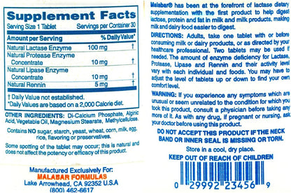 Supplement facts and enzyme blend ingredients label on the back of the Malabar Complete Milk Digestant bottle.
