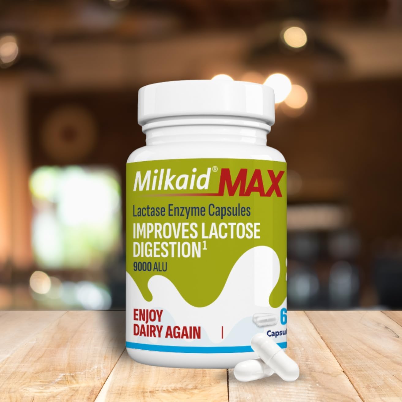 Milkaid Max high strength digestive supplement bottle displaying clear ingredient labels and dosage guidelines.
