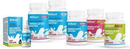 Side angle of Milkaid Max 9000 ALU capsules bottle highlighting its vegan and gluten free certifications.