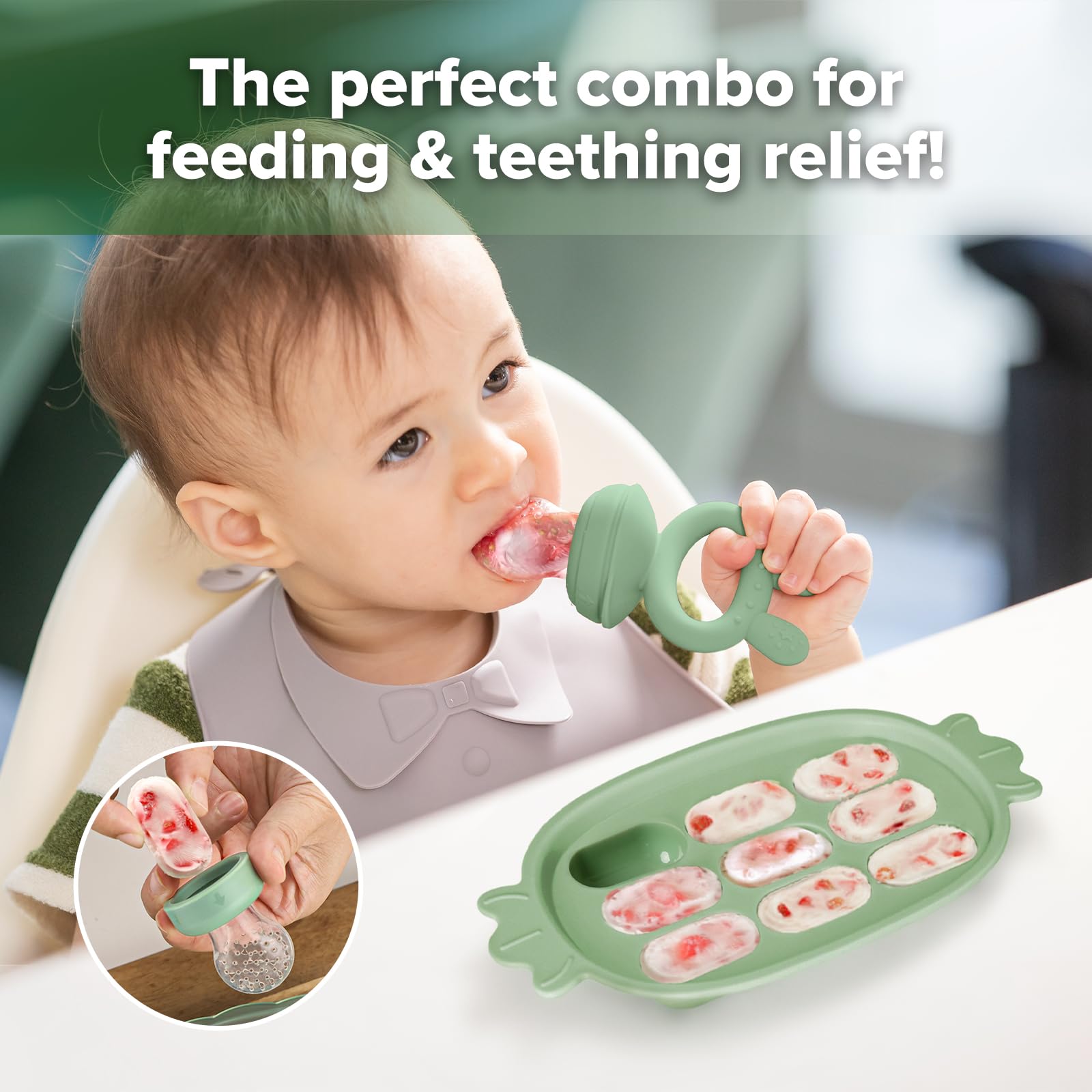 Haakaa pea green silicone nibble tray with nine frozen breastmilk popsicles