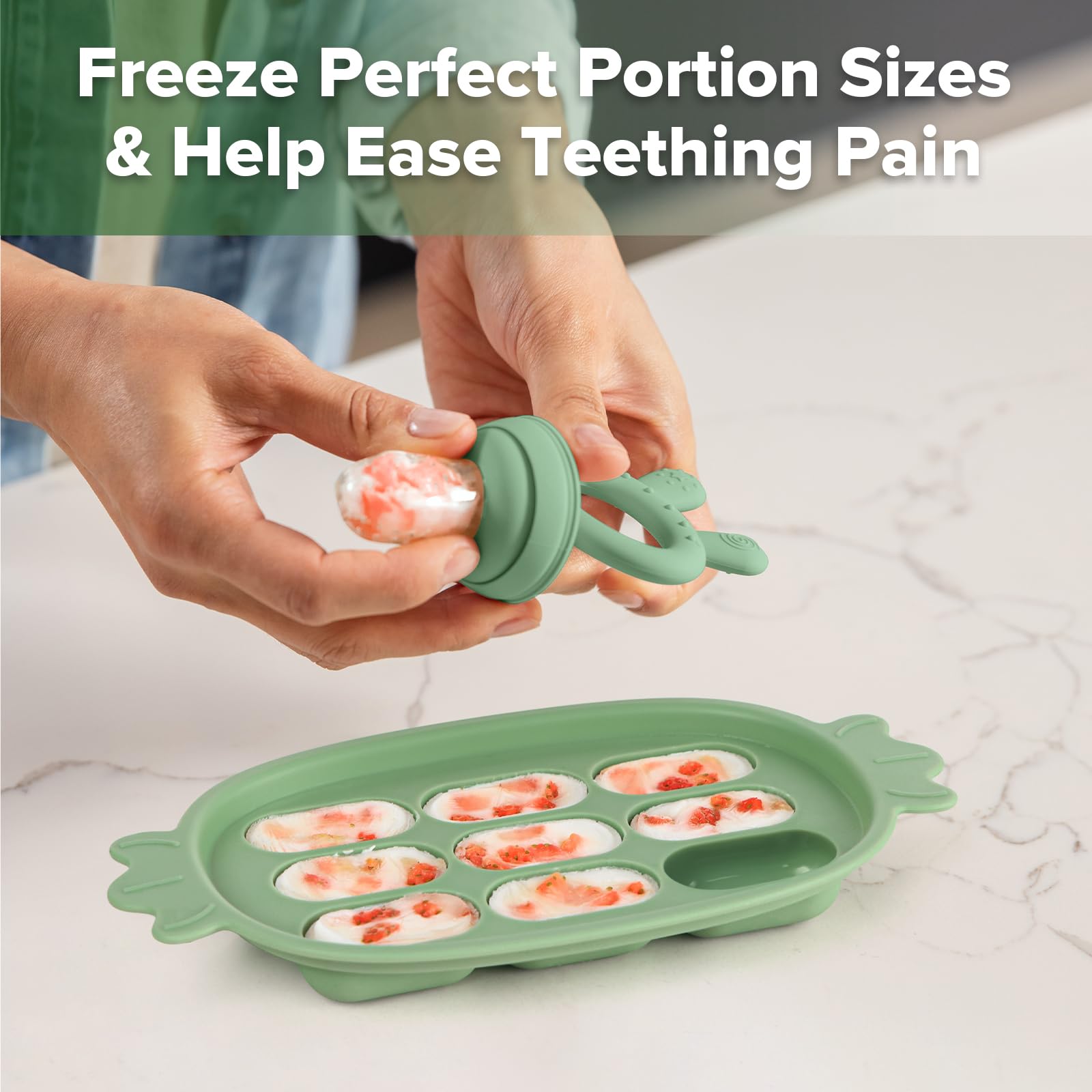 Close up view of the Haakaa baby food feeder silicone pouch