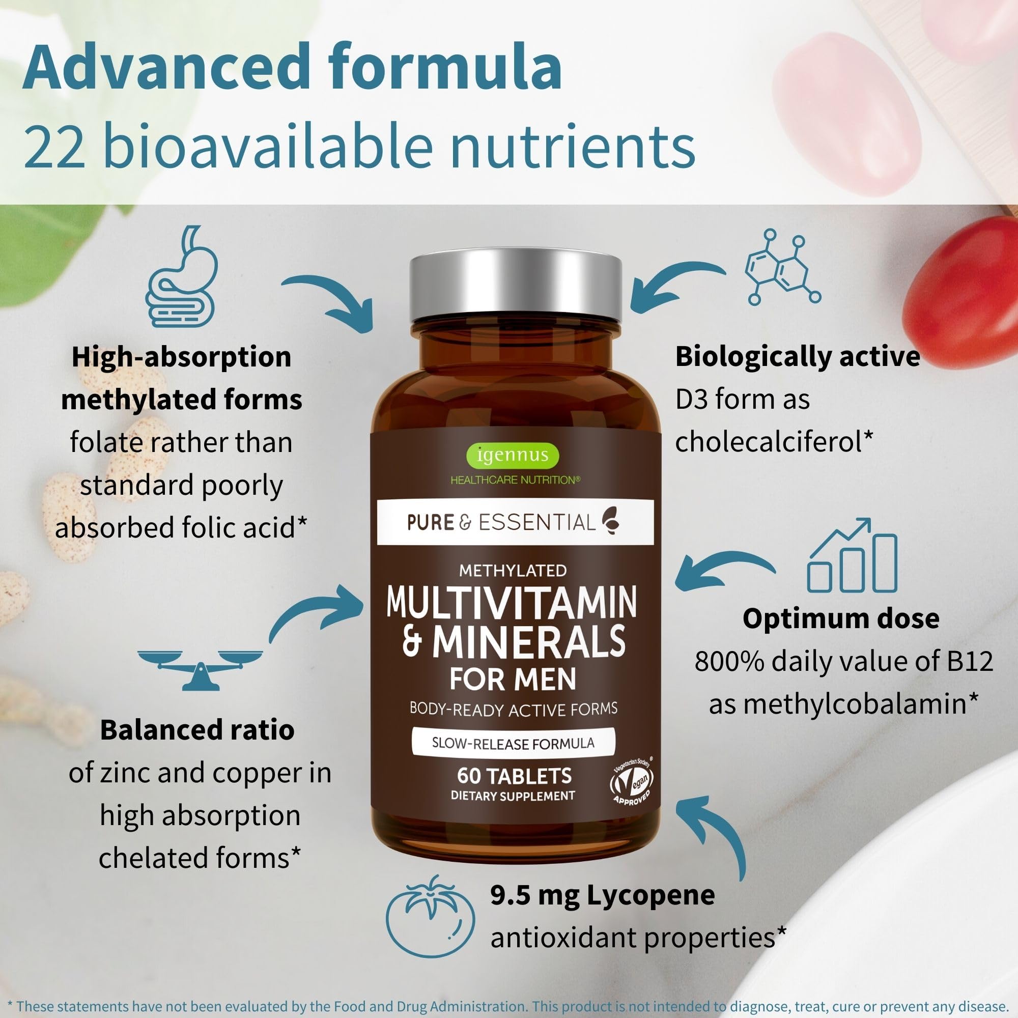 Igennus advanced mens multivitamin supplement nutrition facts label closeup