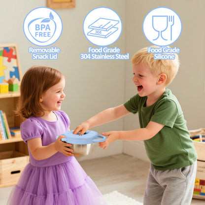 Toddler using Theoni stainless steel snack cup handles