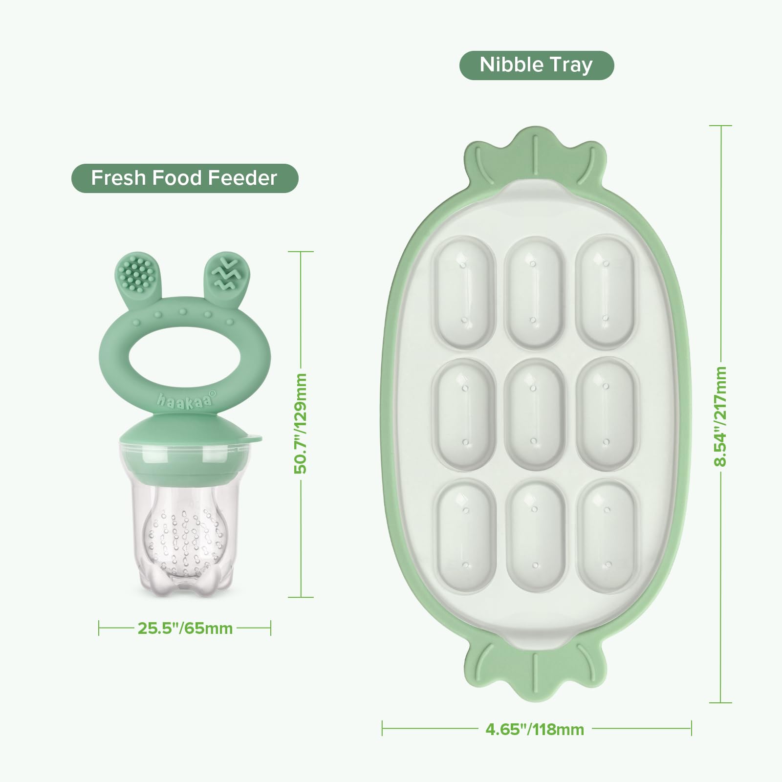 Components of the Haakaa baby food feeder and nibble tray set
