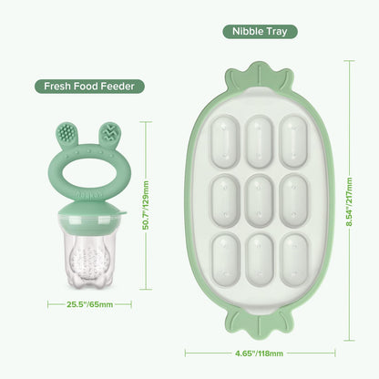 Components of the Haakaa baby food feeder and nibble tray set
