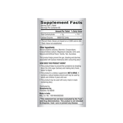 High strength lactase enzyme 9000 FCC vanilla twist chewable tablets display packaging