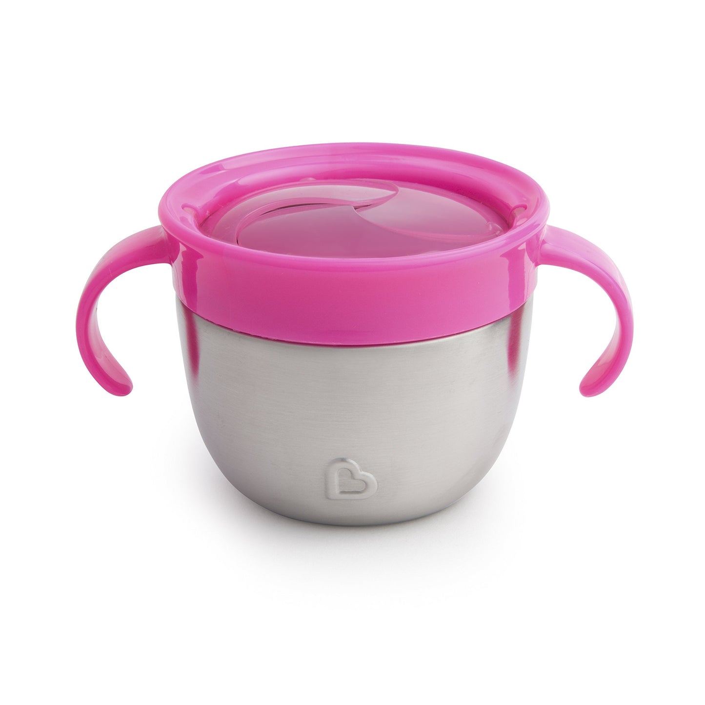 Pink Munchkin snack container with lid open