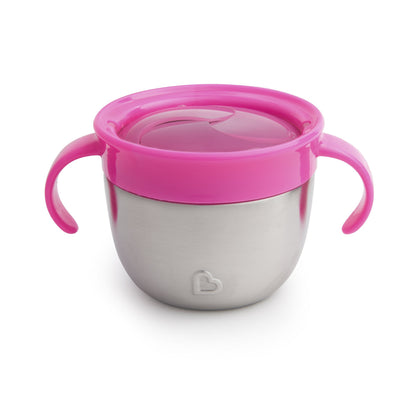 Pink Munchkin snack container with lid open