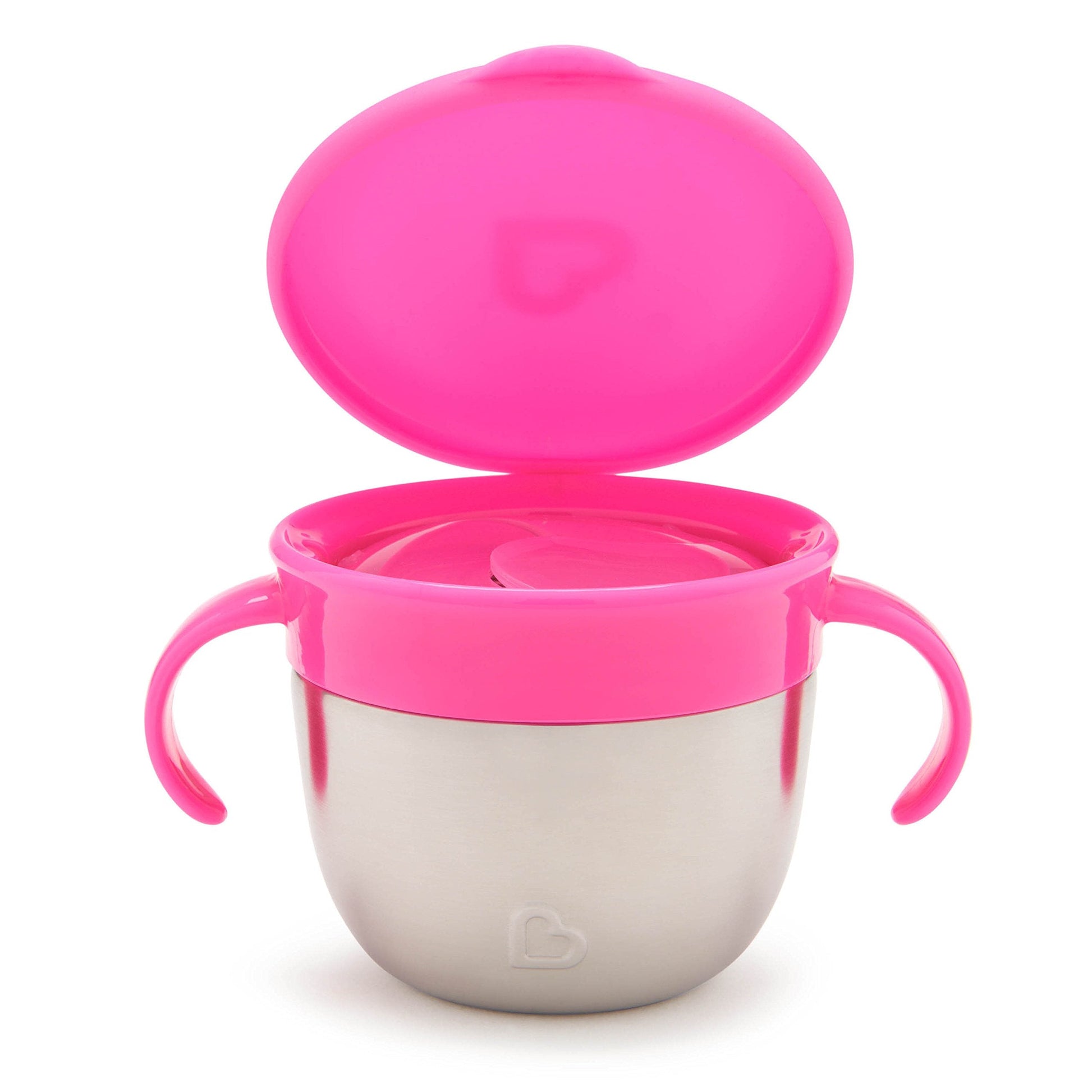 Side view of Munchkin stainless steel snack cup with handles
