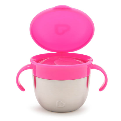 Side view of Munchkin stainless steel snack cup with handles