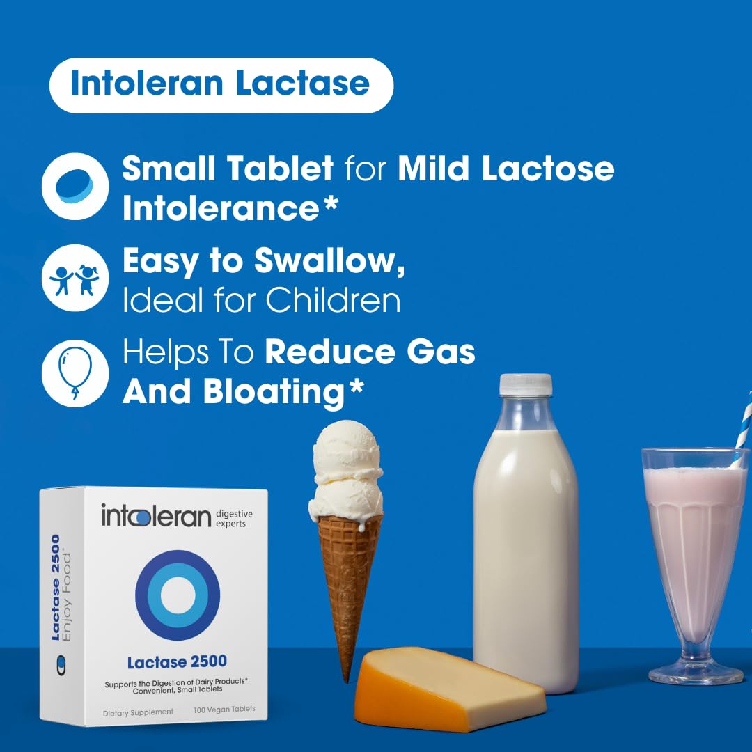 Intoleran Lactase 2500 side angle view highlighting the Monash University Low FODMAP certification emblem on the packaging.