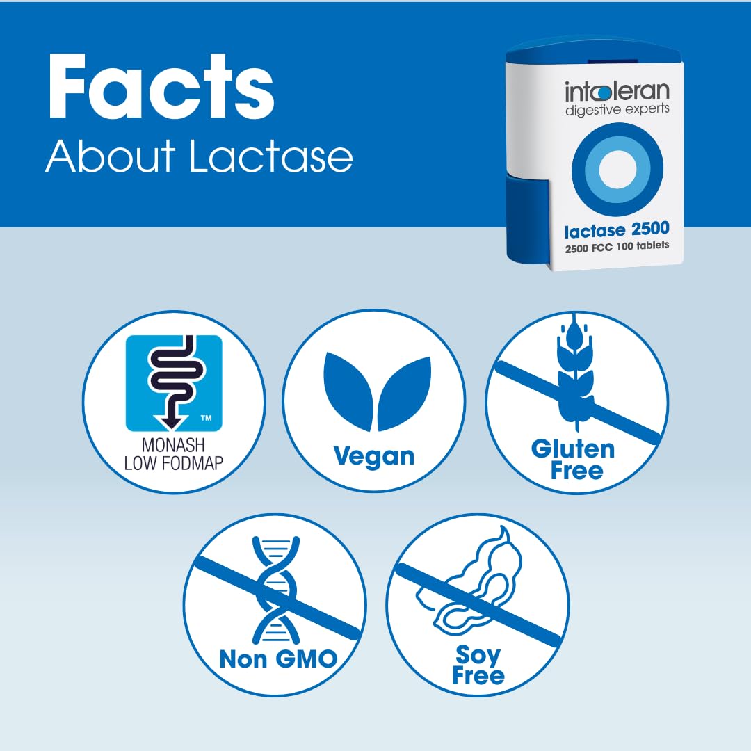 Intoleran Lactase 2500 back label detailed view showing ingredients including 2500 FCC units of active lactase enzyme.