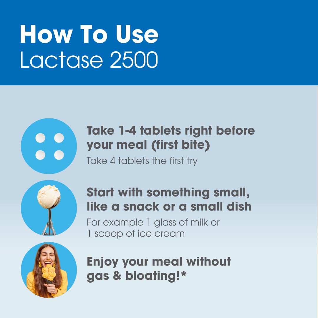 Intoleran Lactase 2500 authentic imported package displaying clear usage instructions for mealtime dairy protection.