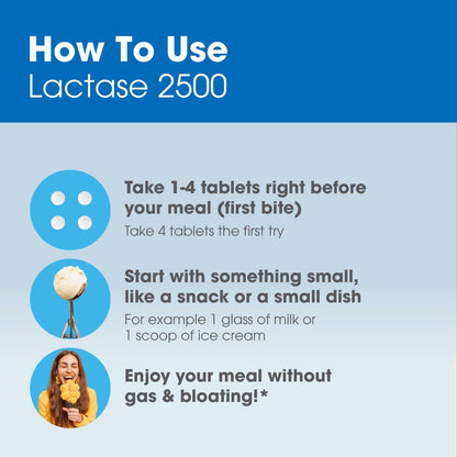 Intoleran Lactase 2500 authentic imported package displaying clear usage instructions for mealtime dairy protection.