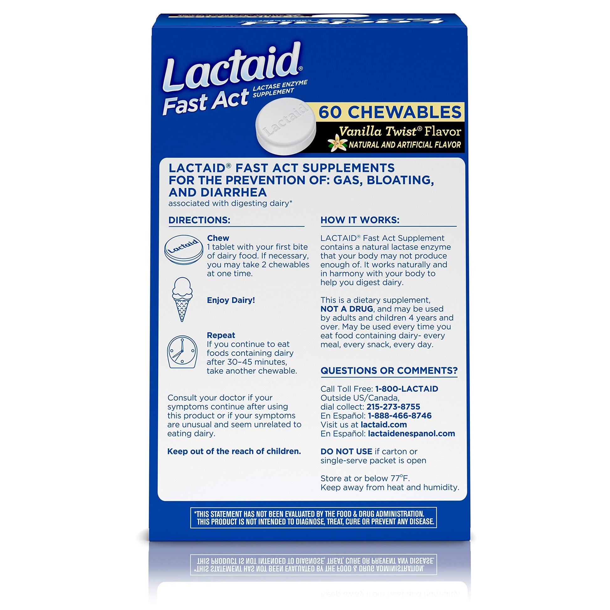 Back label of Lactaid Fast Act Chewables displaying ingredient list and lactase enzyme breakdown.
