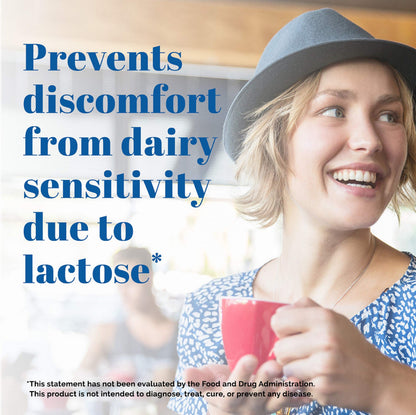 Lactaid Fast Act 9000 FCC lactase enzyme tablets to prevent bloating and gas.