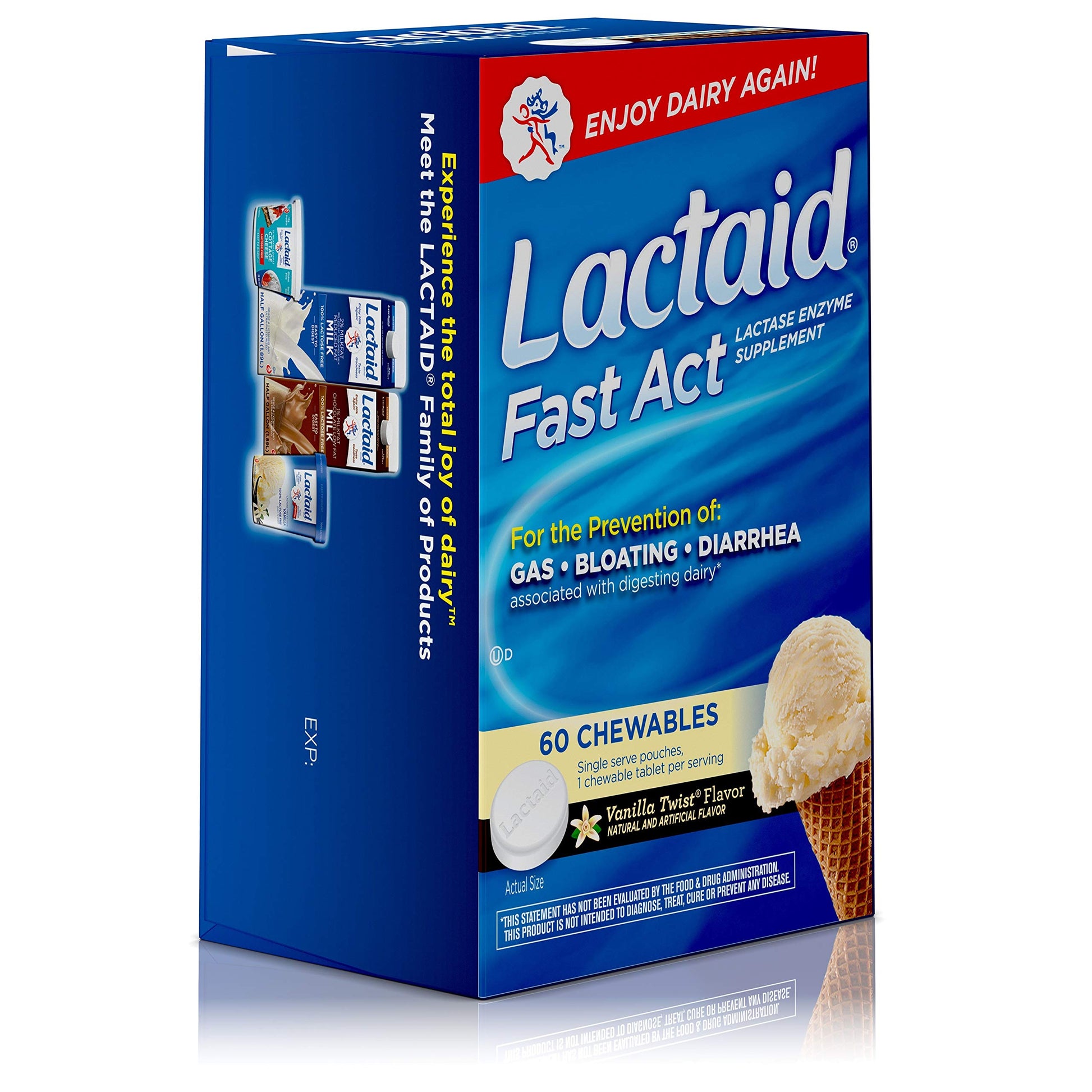 Authentic USA imported Lactaid chewables package close up view.