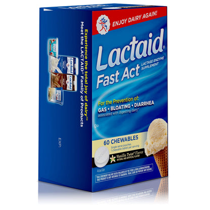 Authentic USA imported Lactaid chewables package close up view.