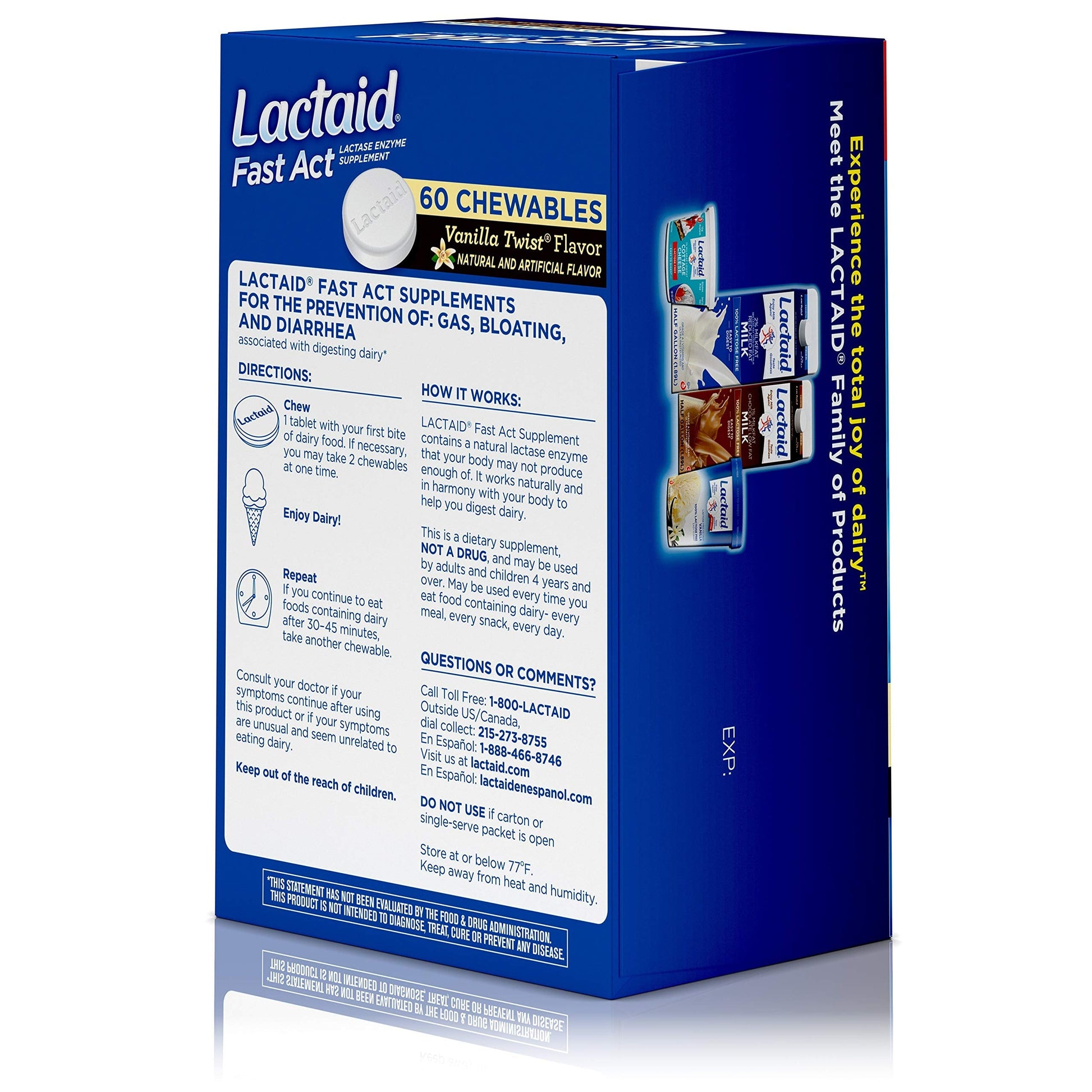 Lactaid Fast Act lactose intolerance chewables stored in a compact travel-friendly box.